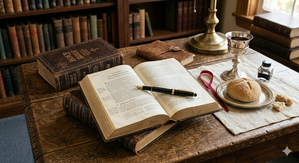 Holy Bible, open theology book, and communion elements on a wooden study desk.